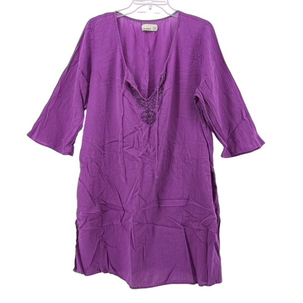 Old Navy Tunic Womens XL Boho Purple Beaded V-Neck‎ Cotton Gauze 3/4 Sleeve
